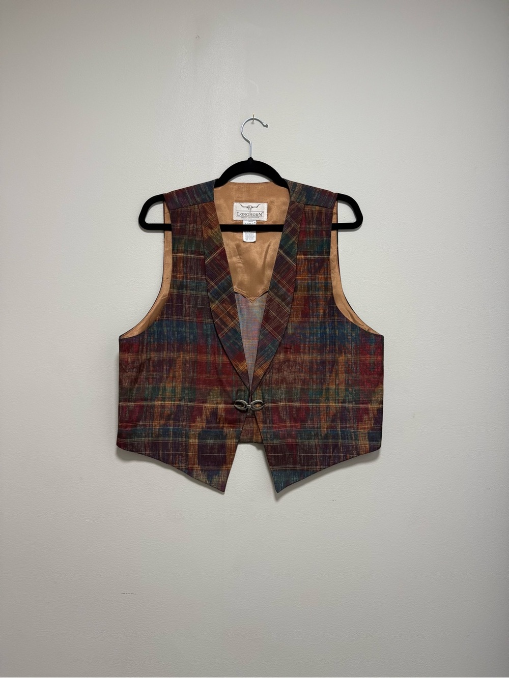 Vintage 90s Longhorn Plaid Vest w/ Metal Clasp